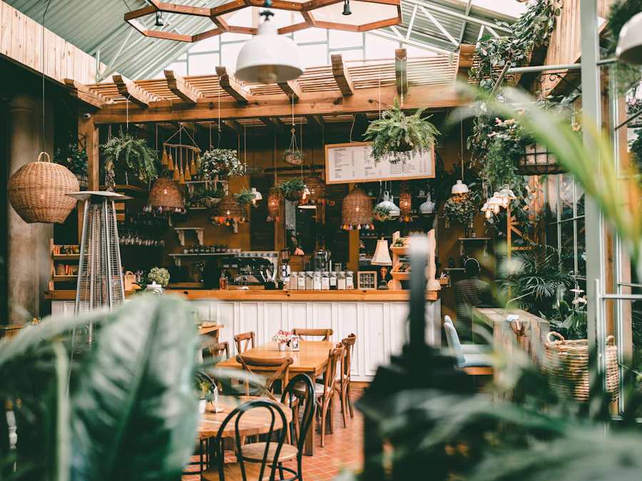 Bright café interior with hanging plants